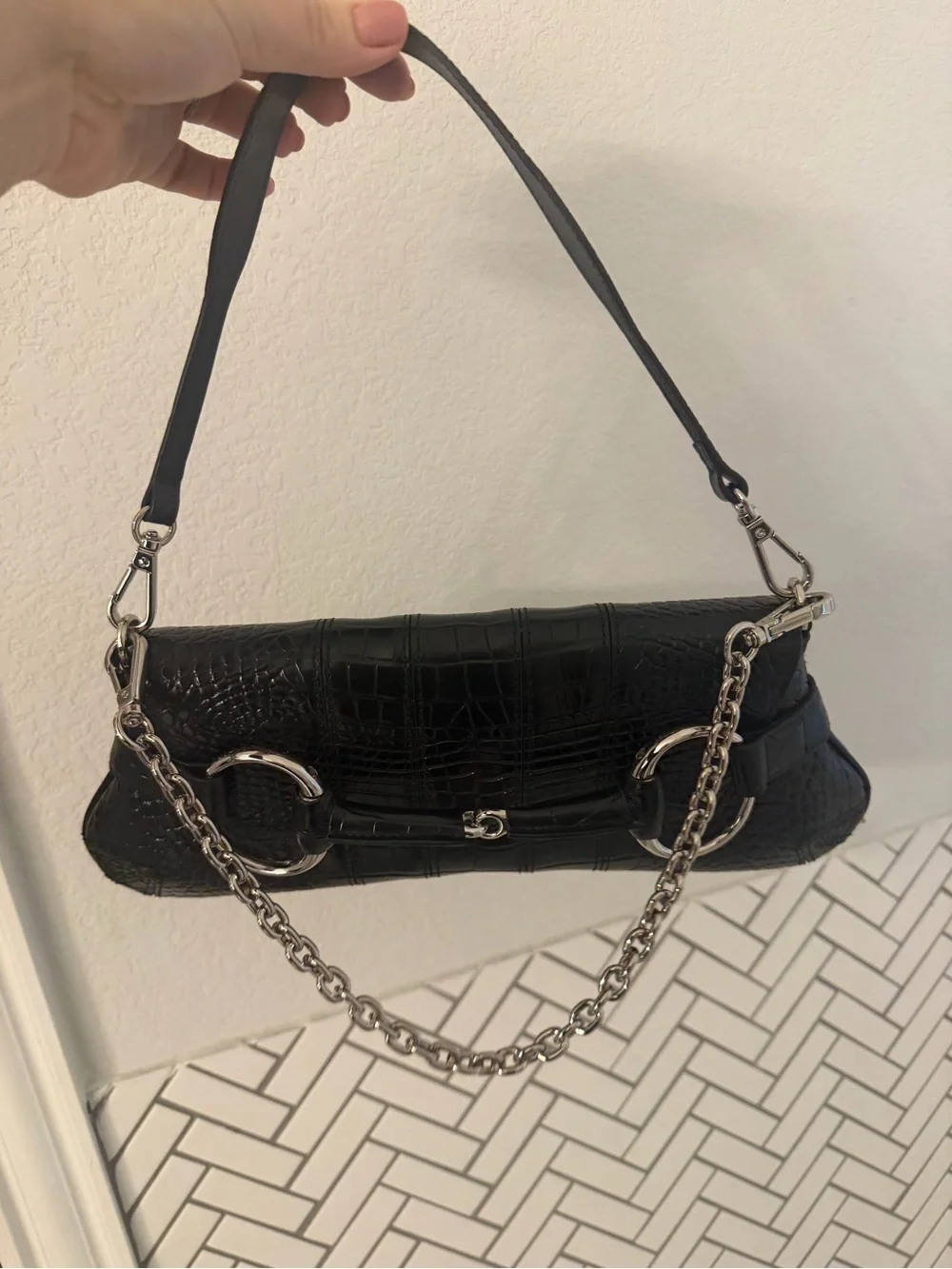 Croc-Embossed Black Leather Clutch with Silver Chain Accent